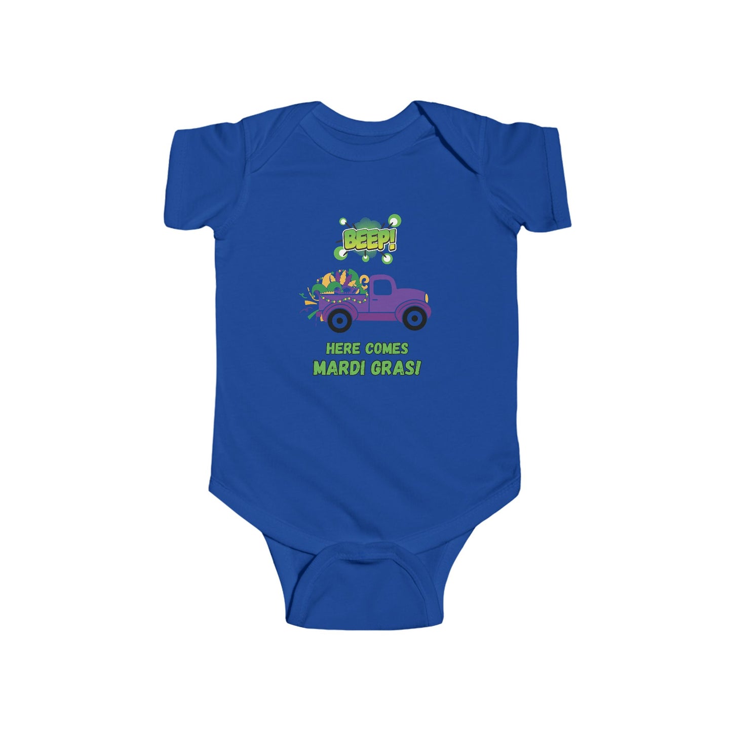 Mardi Gras Infant Bodysuit — "BEEP! Here Comes Mardi Gras" Purple Truck Baby Onesie