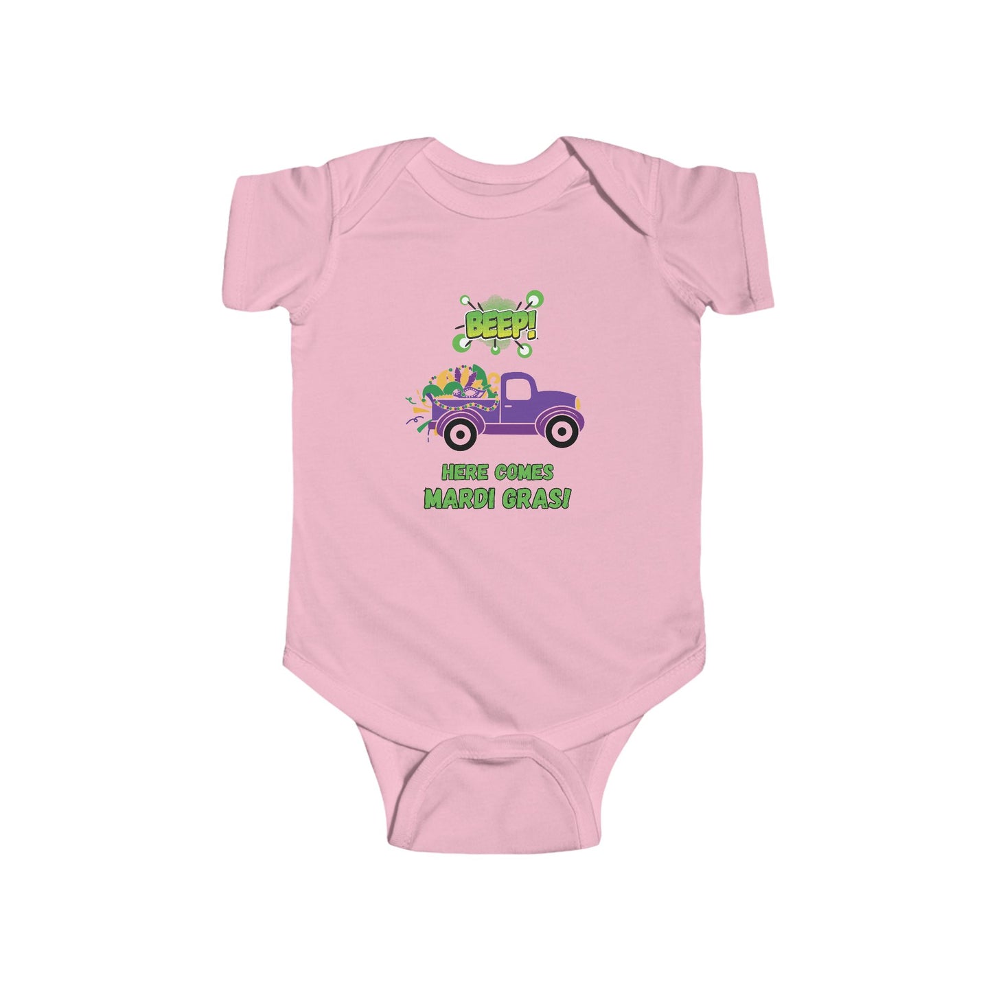 Mardi Gras Infant Bodysuit — "BEEP! Here Comes Mardi Gras" Purple Truck Baby Onesie