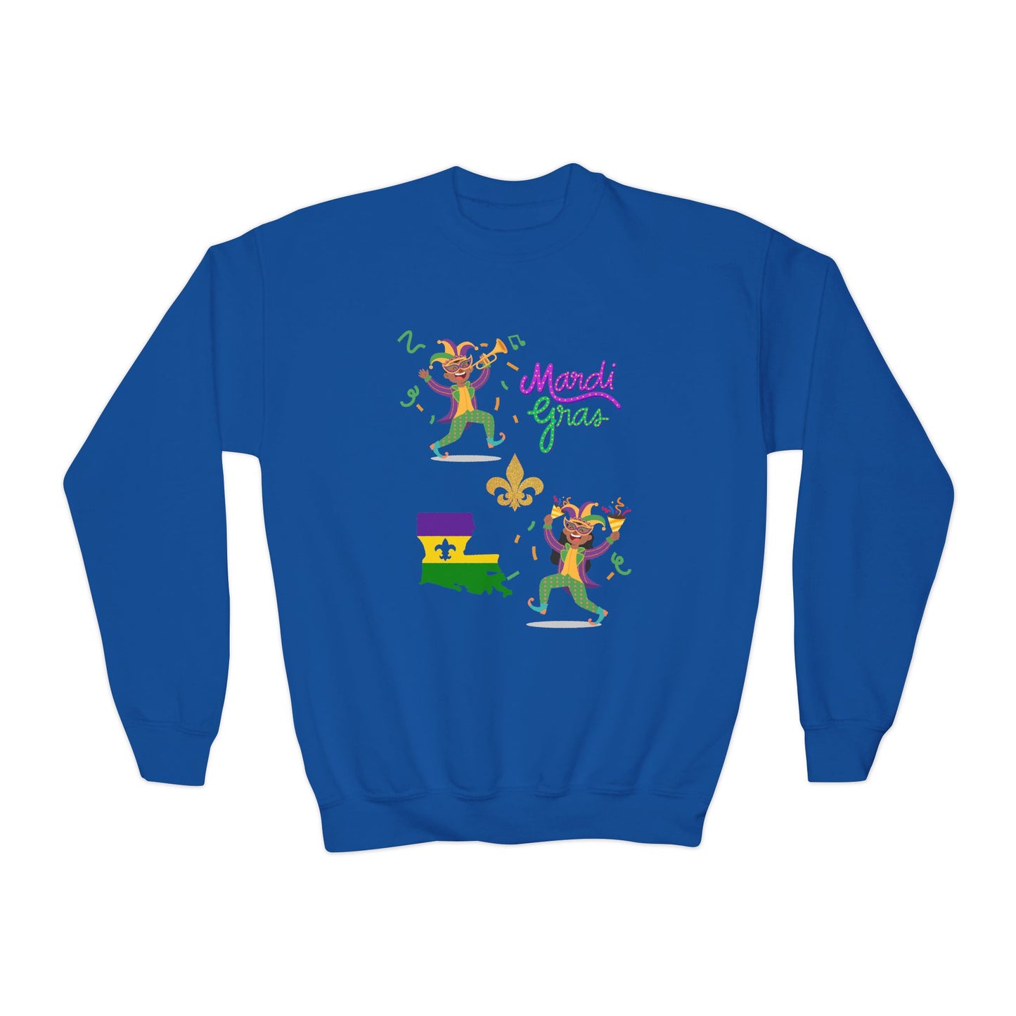 "Mardi Gras Kids" Youth Crewneck Sweatshirt — Colorful Beads, Jester Costumes & The State Of Louisiana all in Classic Mardi Gras Colors - Ready For The Parades!
