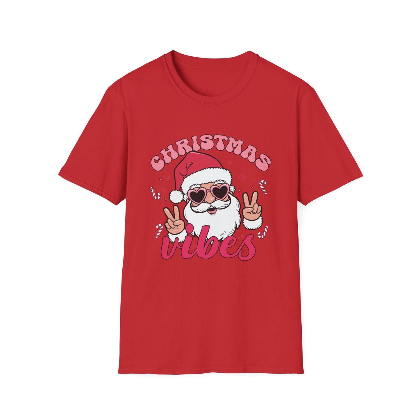 "Christmas Vibes"  Smiling Santa Holiday Unisex T-Shirt.  Cool(Tan)Santa Wearing His Shades And Sharing A "Peace Sign".
