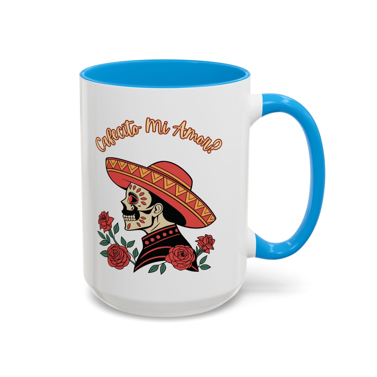 "Cafecito Mi Amor?" -El Hombre, Sugar Skull Style, White Ceramic Mugs with Colorful Accents (11oz/15oz)