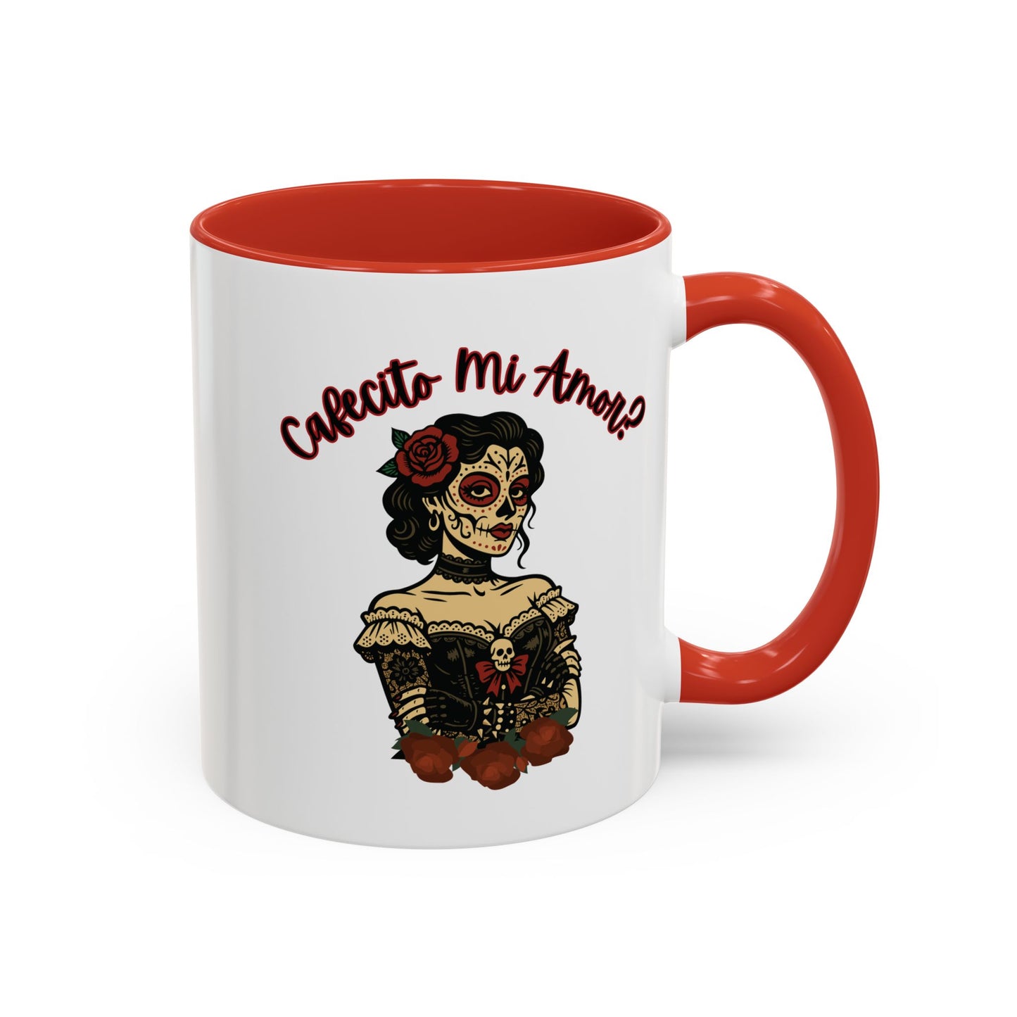 "Cafecito Mi Amor?" Sugar Skull Style , Colorful Accent, 11oz and 15oz Coffee Mug.  A great Day of the Dead  or Halloween Gift!