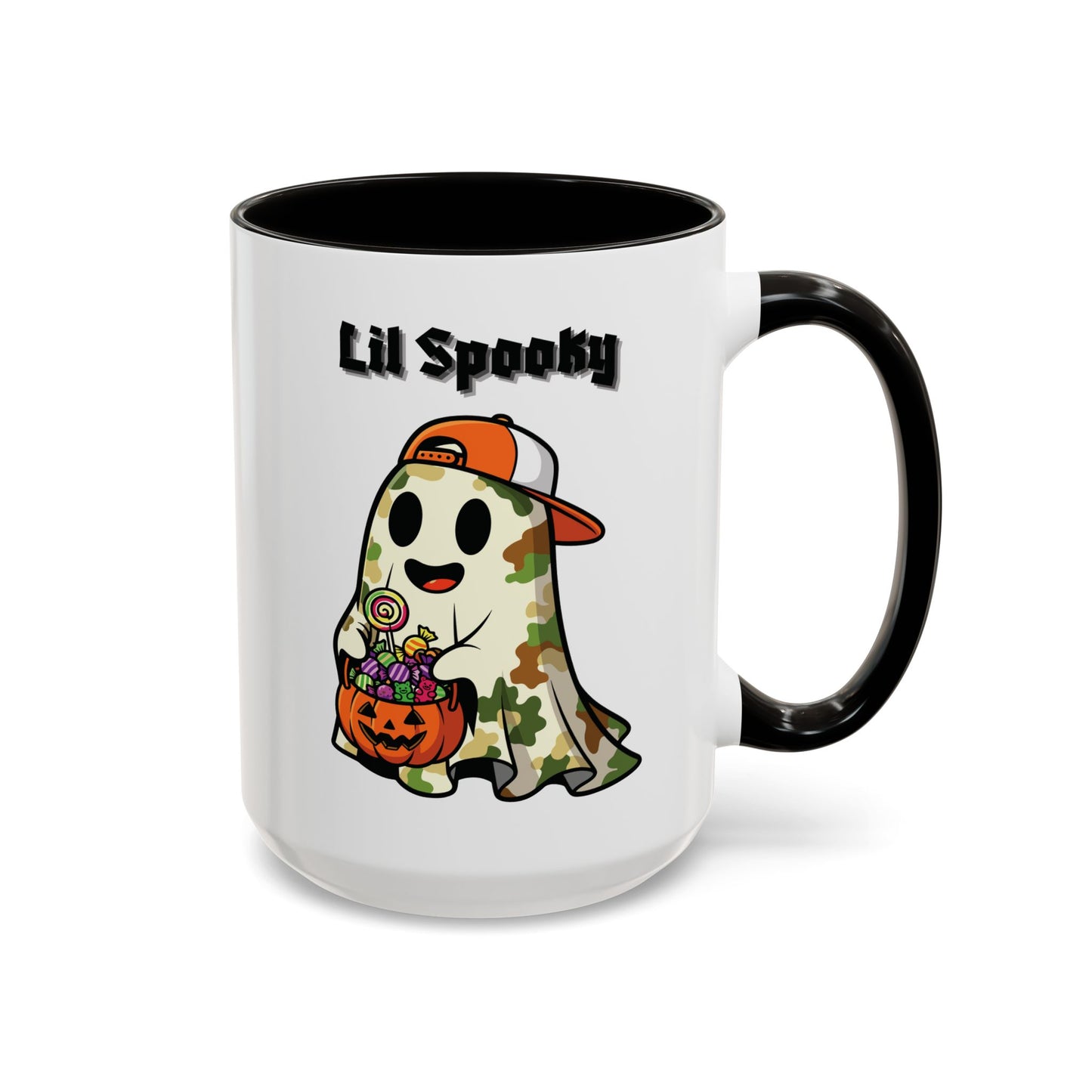 "Lil Spooky"  White Ceramic Halloween Mug With Colorful Accents — Cute Ghost Trick-or-Treat Ceramic Mug (11oz/15oz)
