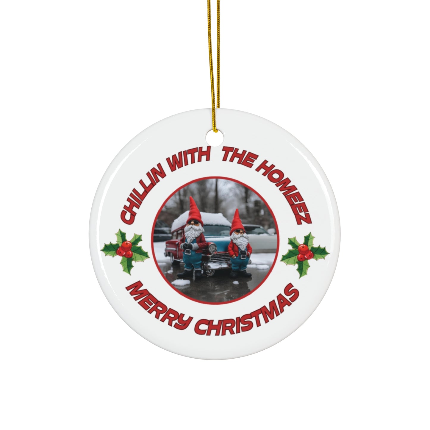 "Chillin With The Homeez"  Ceramic Ornament - Cool Gnome Dudes Relaxing in Front of Their Vintage Ride!