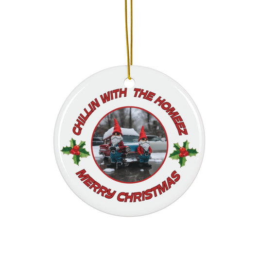"Chillin With The Homeez"  Ceramic Ornament - Cool Gnome Dudes Relaxing in Front of Their Vintage Ride!