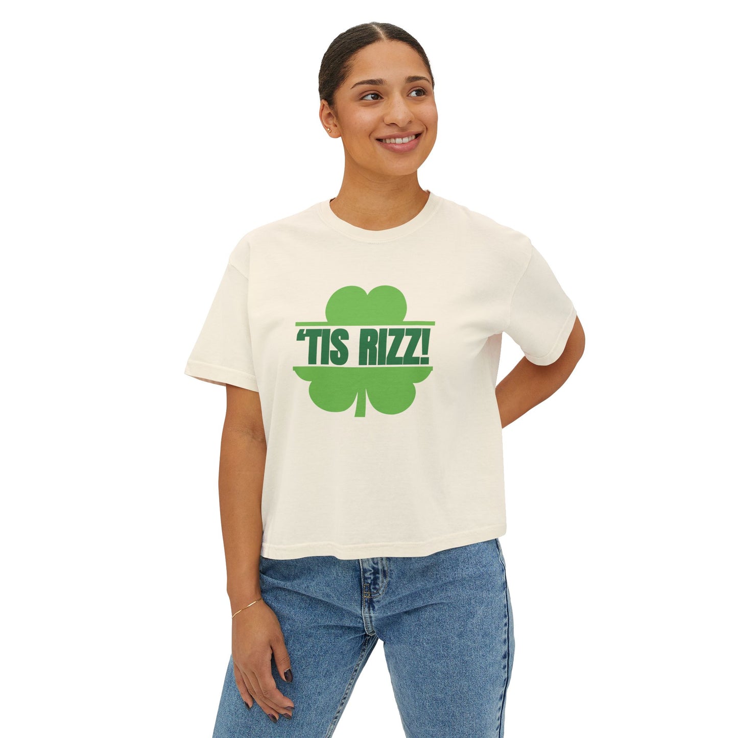 "Tis Rizz Shamrock" Cropped  Boxy Tee — Women's St. Patrick's Day Trendy Shirt