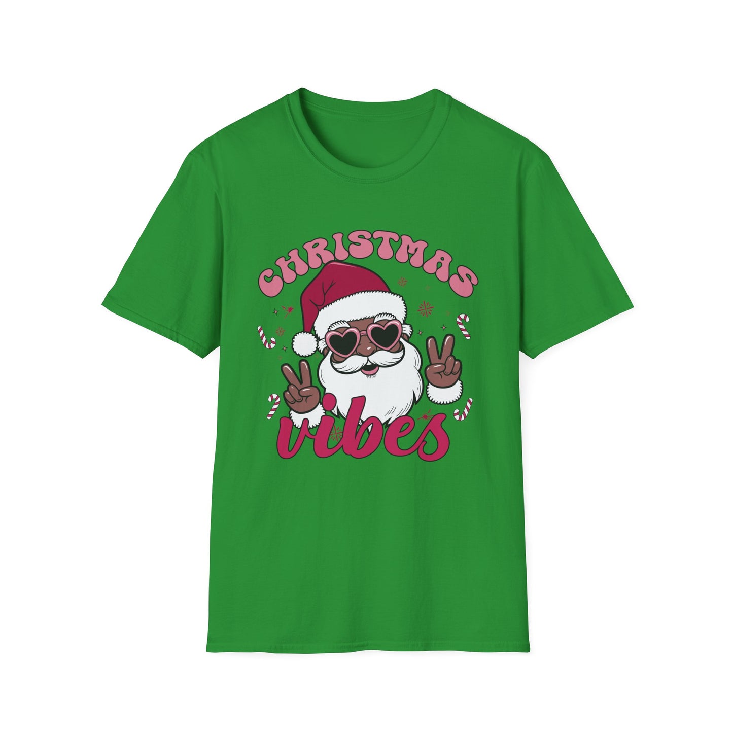 "Christmas Vibes" Unisex T-Shirt — Retro Santa Sporting Cool Sunglasses And A Peace Sign. What a Groovy Holiday Tee!