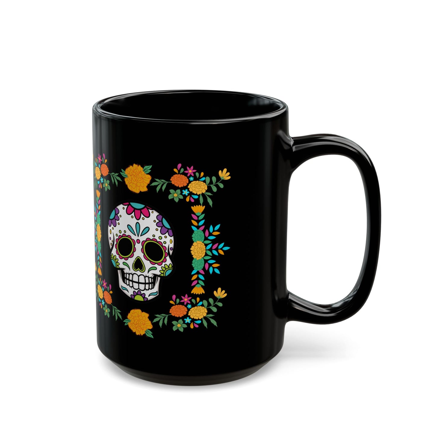 Vibrant "Sugar Skull"  Black Ceramic, 15 oz Mug. A Colorful Coffee Cup for Day of the Dead!
