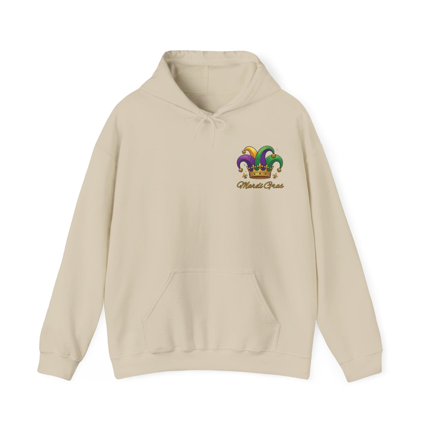 "Mardi Gras Jester Crown" Unisex Pullover Hoodie.  Festive Colorful Front Chest & Bold Back Designs Make This THE Hoodie Of Carnival Season!