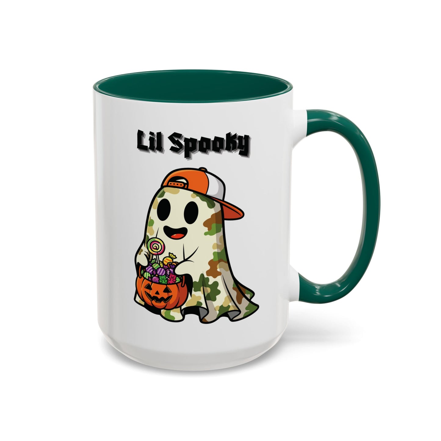 "Lil Spooky"  White Ceramic Halloween Mug With Colorful Accents — Cute Ghost Trick-or-Treat Ceramic Mug (11oz/15oz)