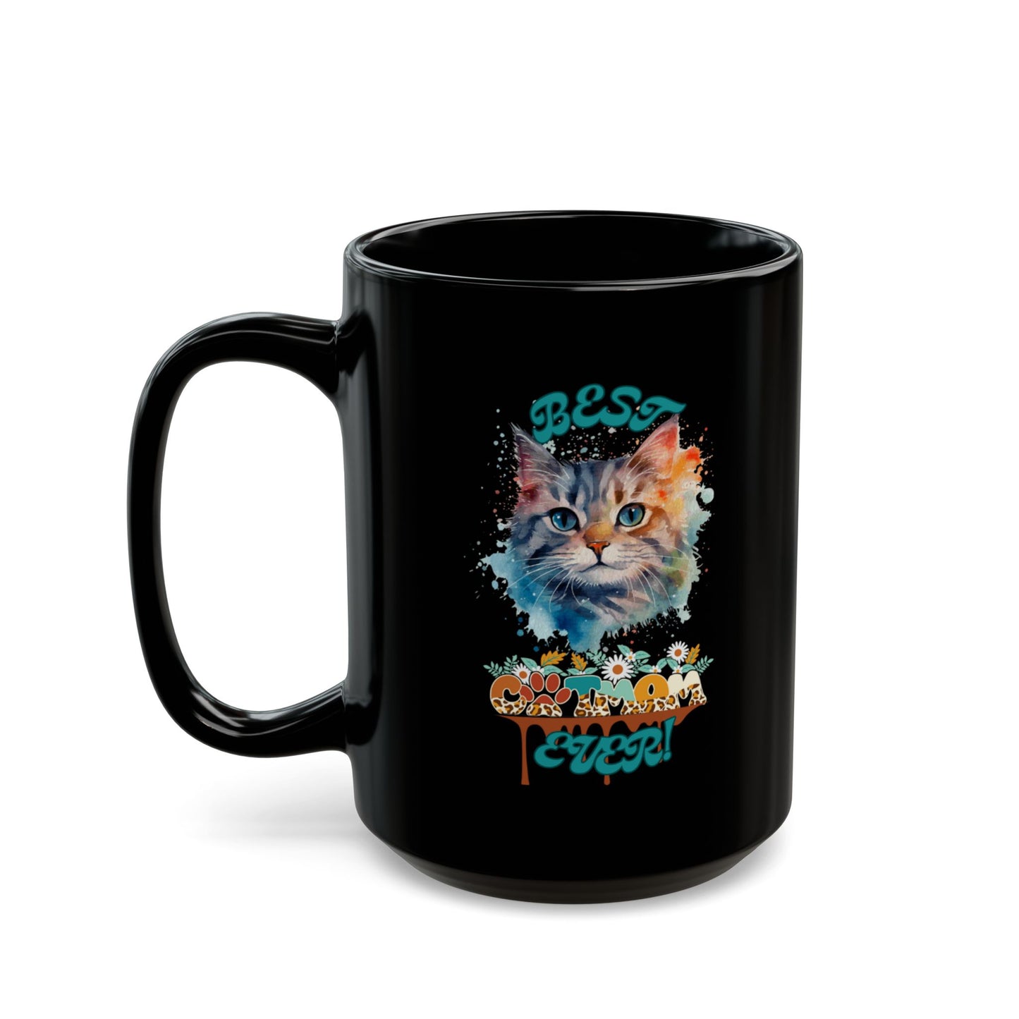 Cat Lover Mug —"Best Cat Mom- Ever" Colorful Kitty, Black Ceramic Coffee Mug (15oz)