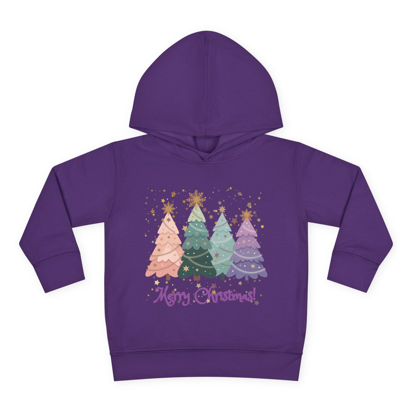 "Merry Xmas" Toddler Hoodie — Pastel Paper-Cut Christmas Trees with Gold Stars