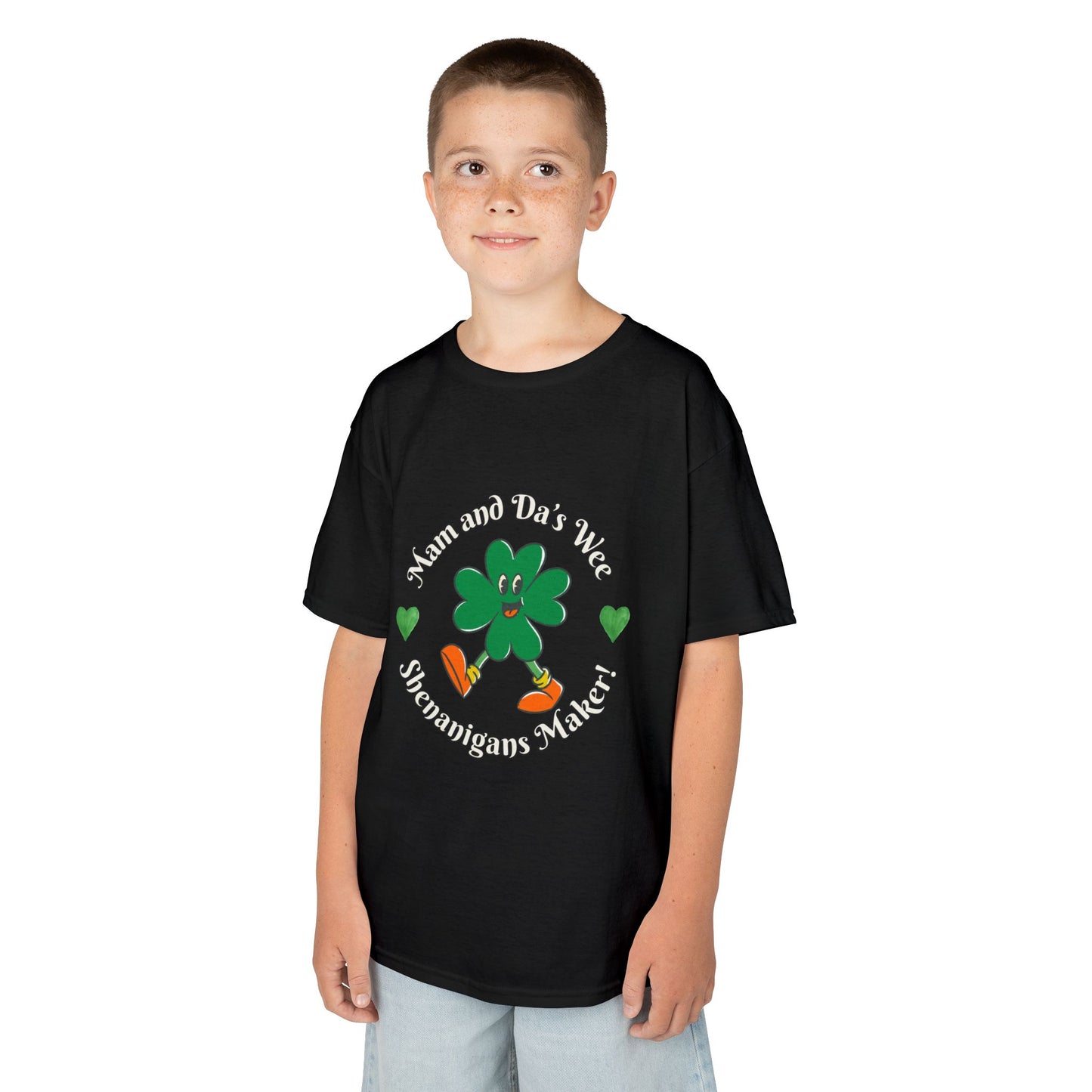 Kids Tee — “Mam and Da’s Wee Shenanigans Maker” Happy Walking Shamrock