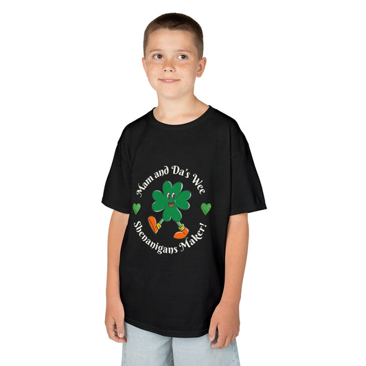 Kids Tee — “Mam and Da’s Wee Shenanigans Maker” Happy Walking Shamrock