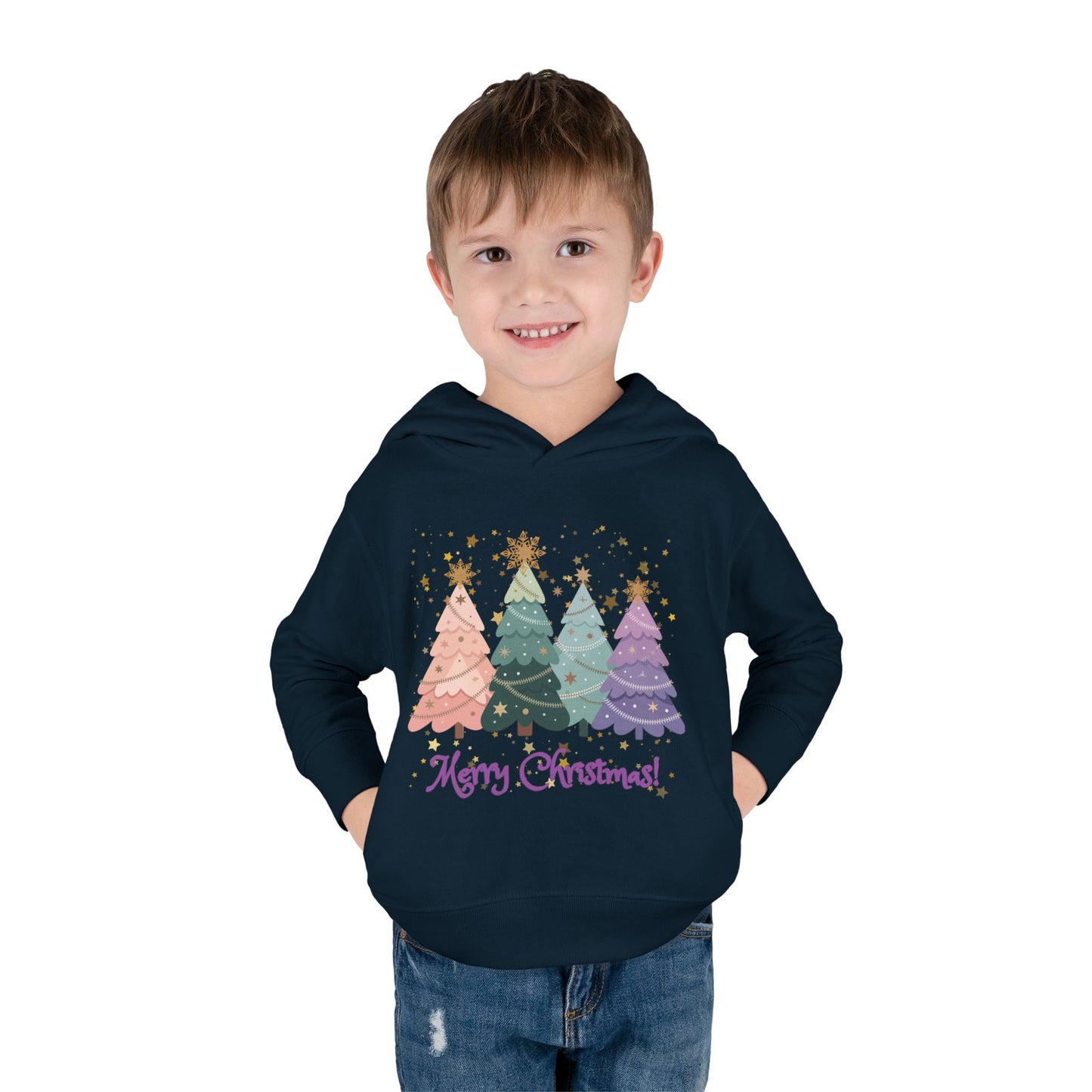 "Merry Xmas" Toddler Hoodie — Pastel Paper-Cut Christmas Trees with Gold Stars