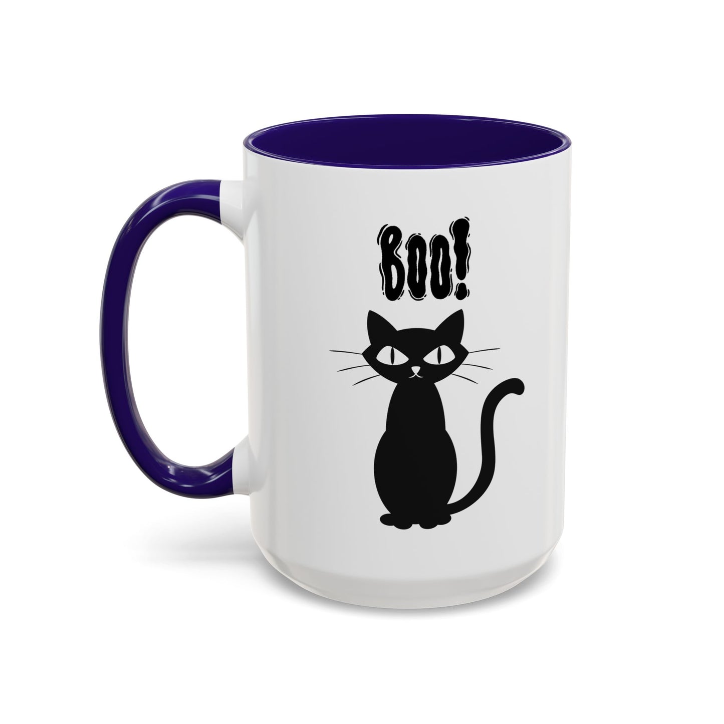 ''Boo" Black Kitty, White Ceramic Mugs With Colorful Accents (11oz and 15oz)