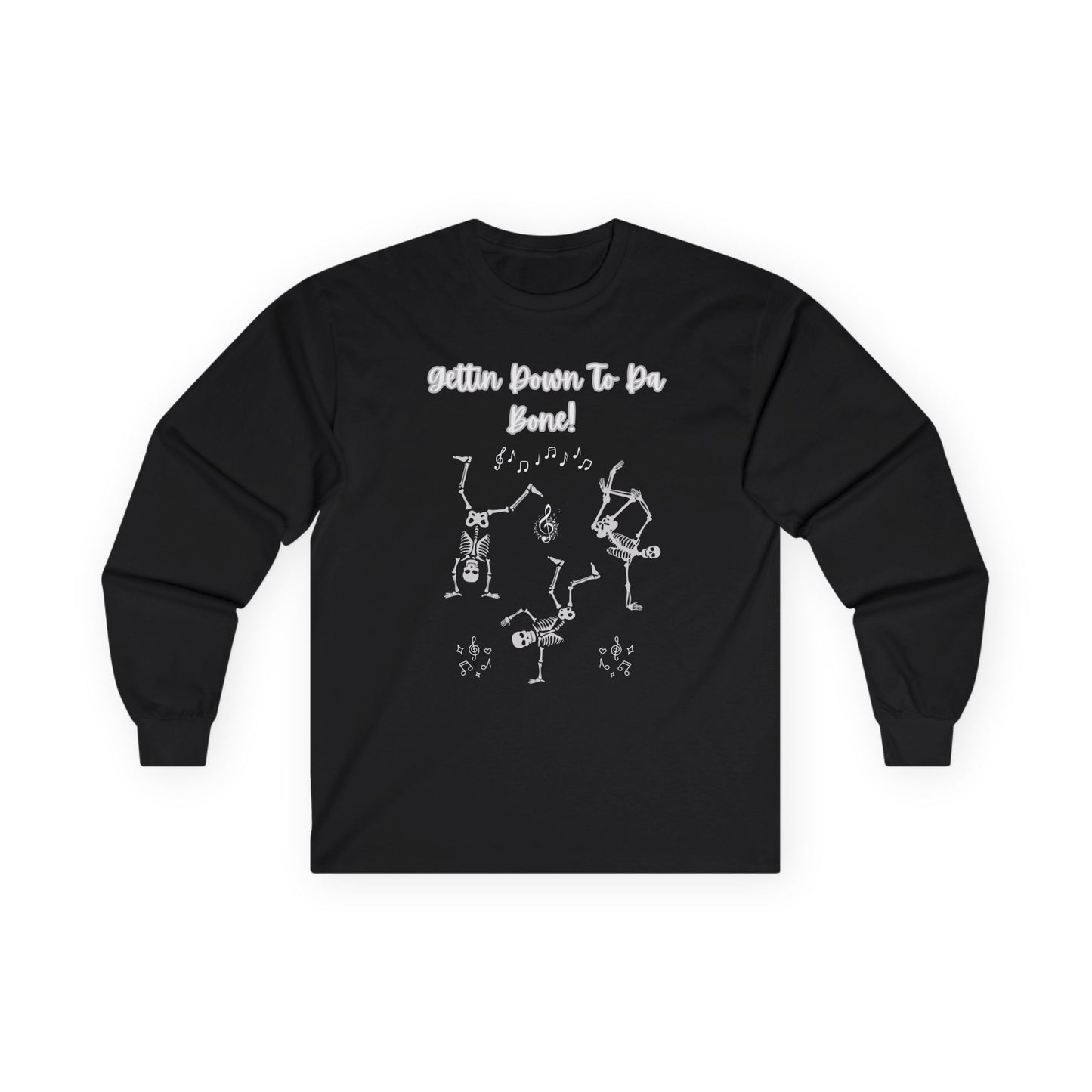 "Gettin' Down To Da Bone" Halloween Skeleton Dance, Unisex Long Sleeve Tee in Dark Colors