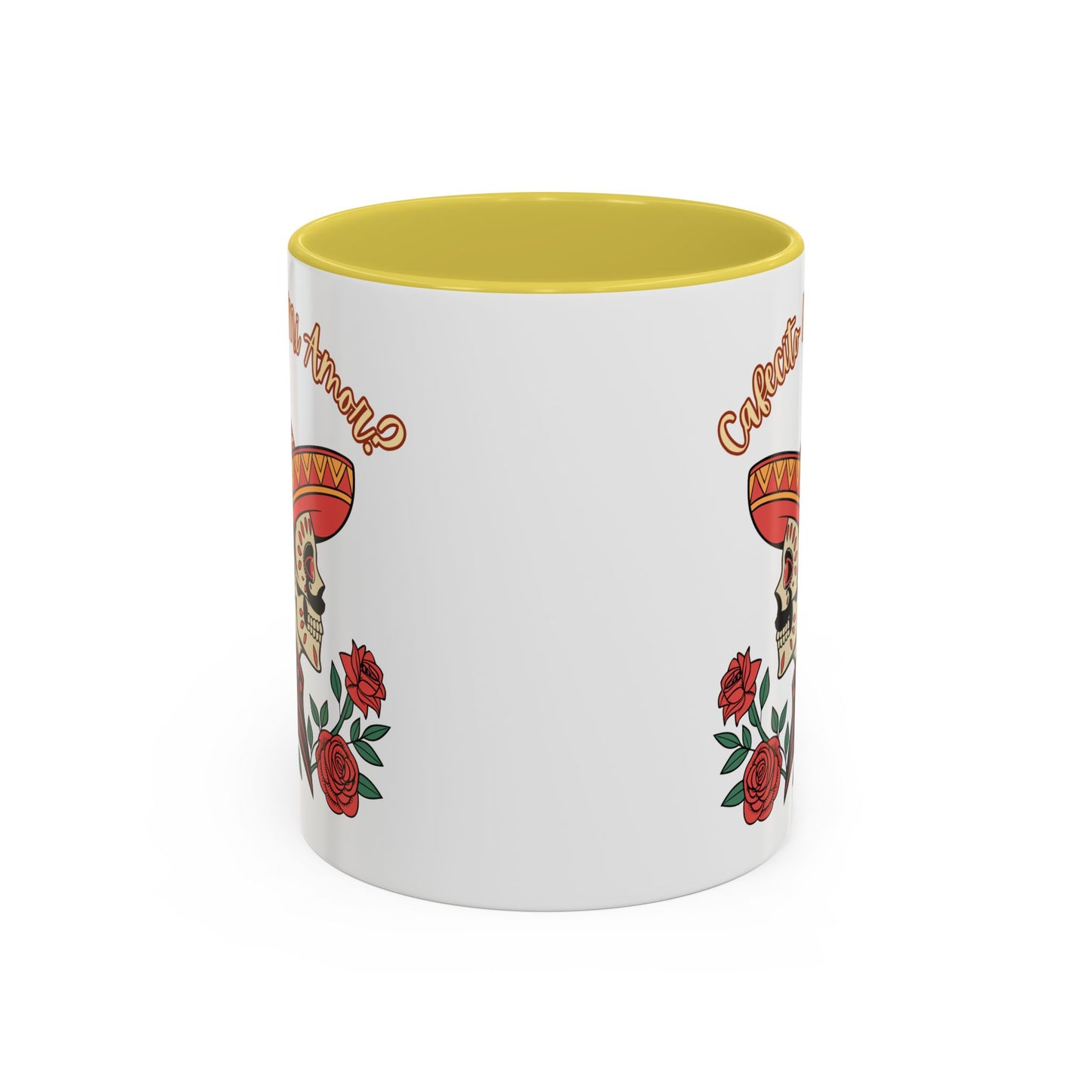 "Cafecito Mi Amor?" -El Hombre, Sugar Skull Style, White Ceramic Mugs with Colorful Accents (11oz/15oz)