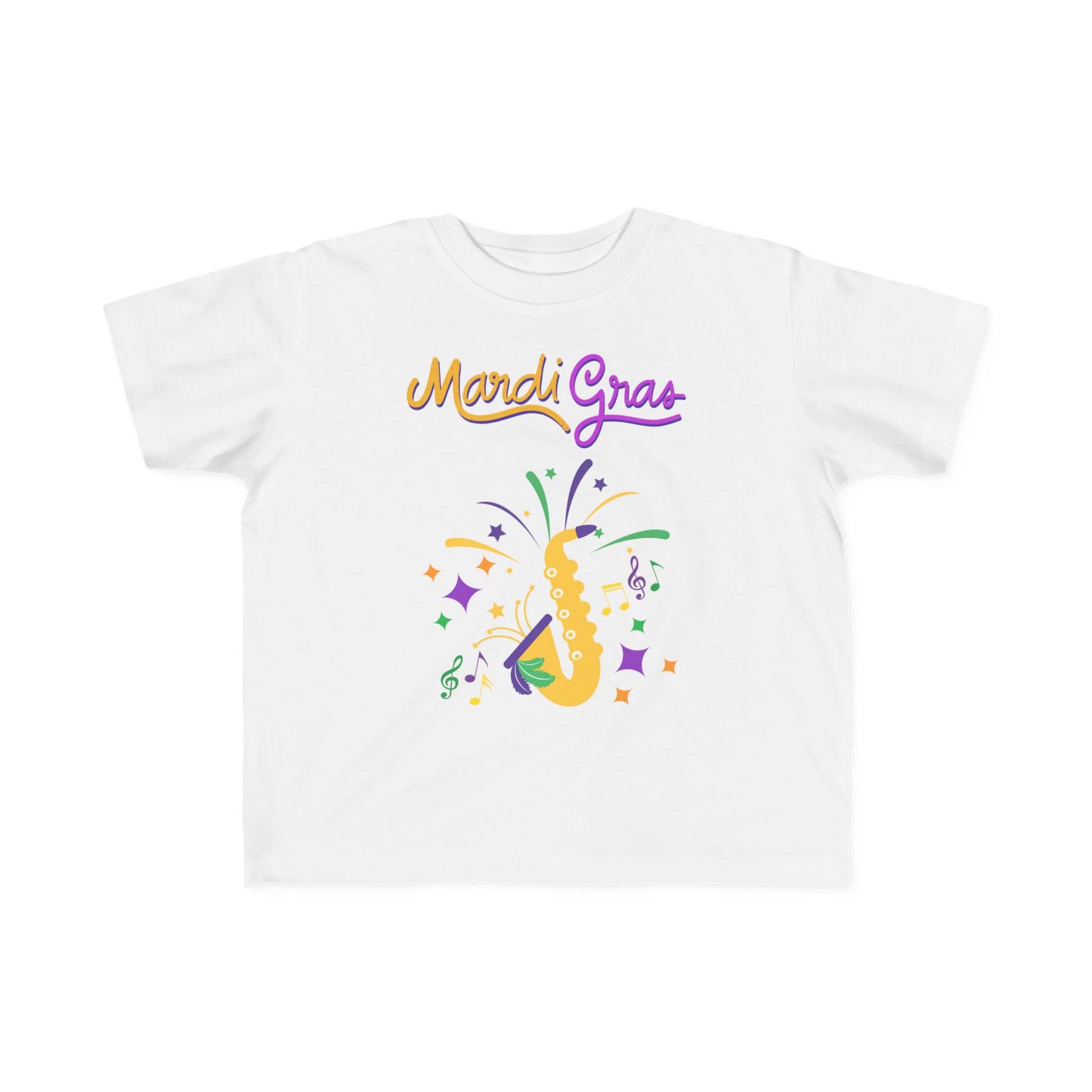 "Mardi Gras Saxophone" Toddler T-Shirt .  This Colorful Saxophone & Confetti Design Helps The Little One Get In The Carnival Mood!.