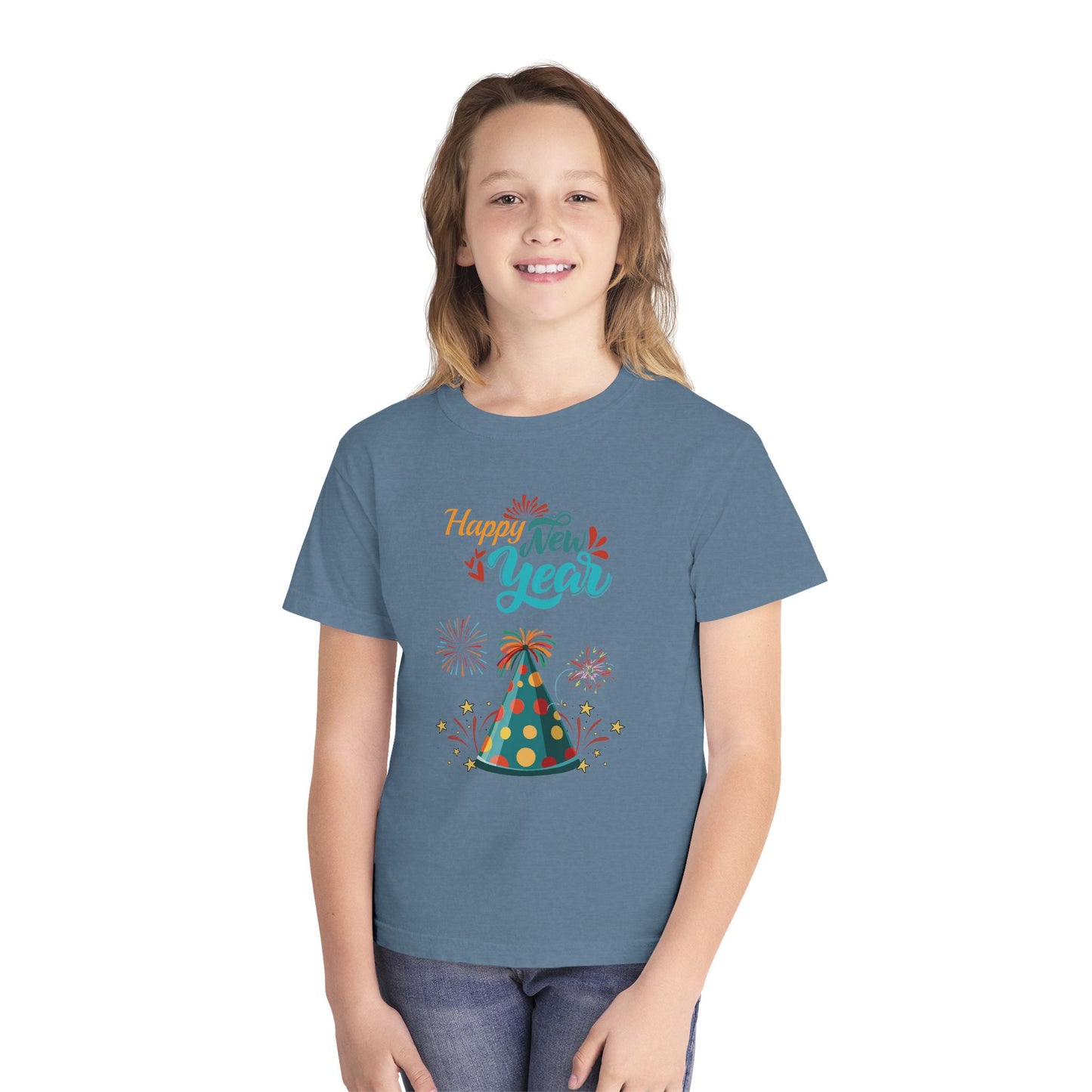 "Happy New Year -Party Hat and Fireworks" Kids/Youth T-Shirt .  A Fun, Colorful Tee For The Kids To Wear When Celebrating The New Year!