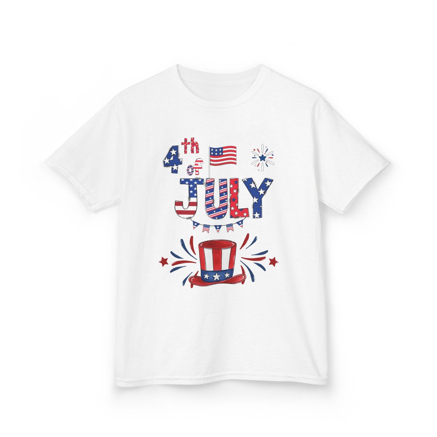 Kids "4th of July" Patriotic Boxy Tee — Celebrate This Special Day With Fireworks & A Vibrant Uncle Sam Hat!