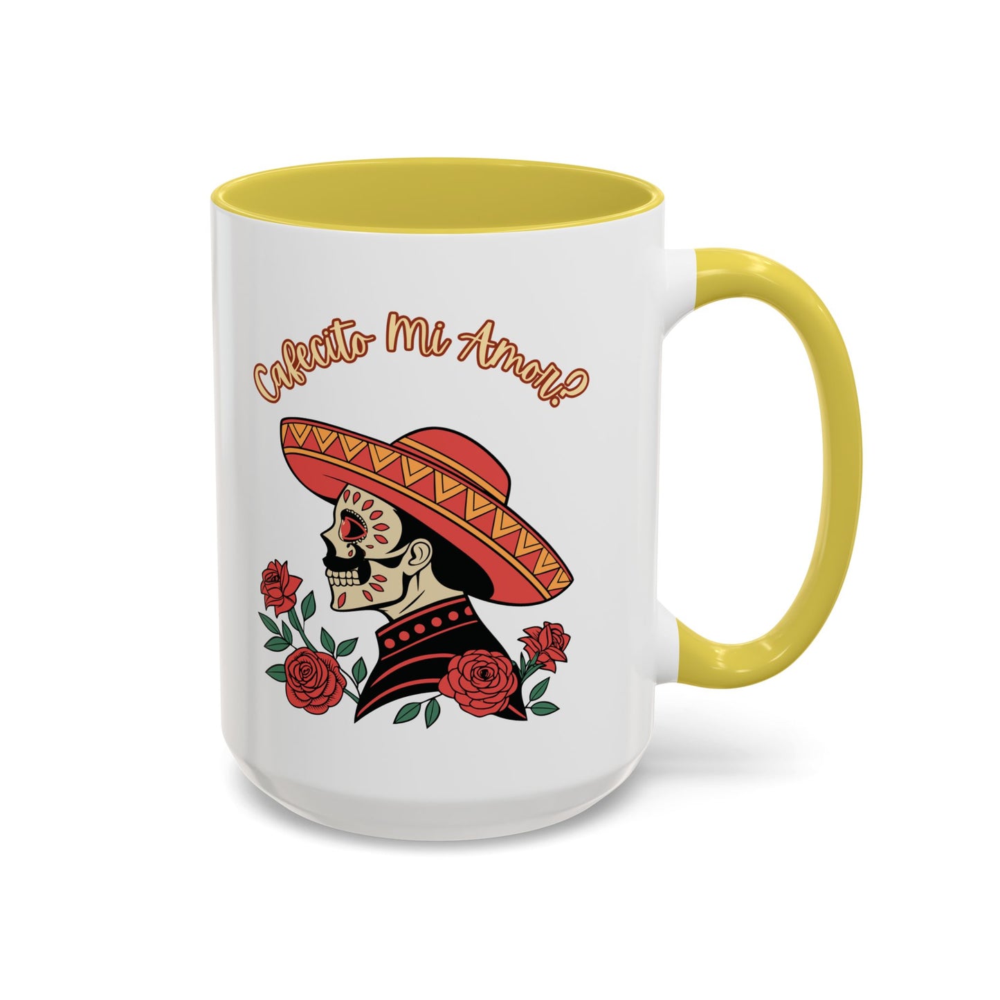 "Cafecito Mi Amor?" -El Hombre, Sugar Skull Style, White Ceramic Mugs with Colorful Accents (11oz/15oz)