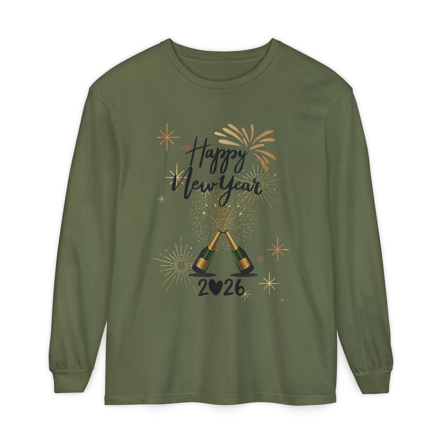 "Happy New Year 2026-Champagne Toast", Unisex Long Sleeve T‑Shirt.  A "Grown Up" Classy Yet Fun, Long Sleeve Tee.  Dress It Up or Dress It Down For Celebrating The New Year!