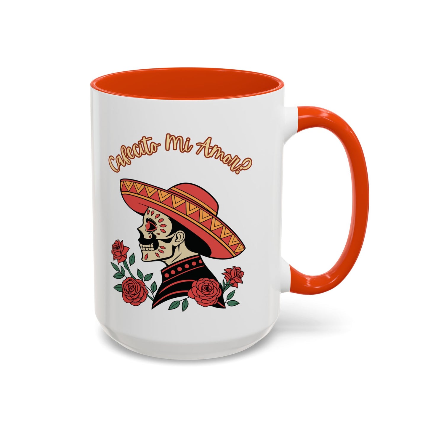 "Cafecito Mi Amor?" -El Hombre, Sugar Skull Style, White Ceramic Mugs with Colorful Accents (11oz/15oz)
