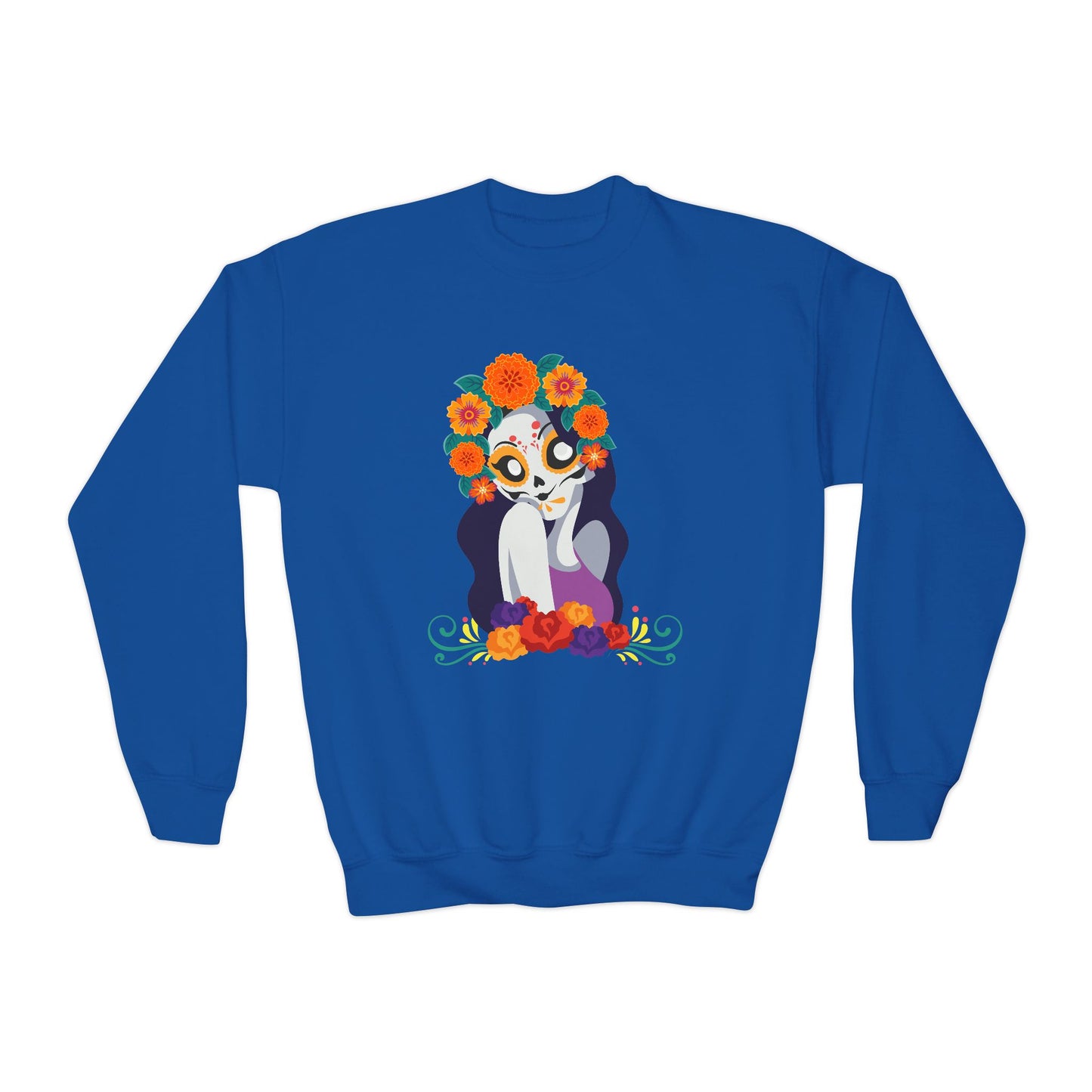 Whimsical Floral  "Katrina Skull" Youth Crewneck Sweatshirt. Perfect for Dia De Los Muertos or any occasion!