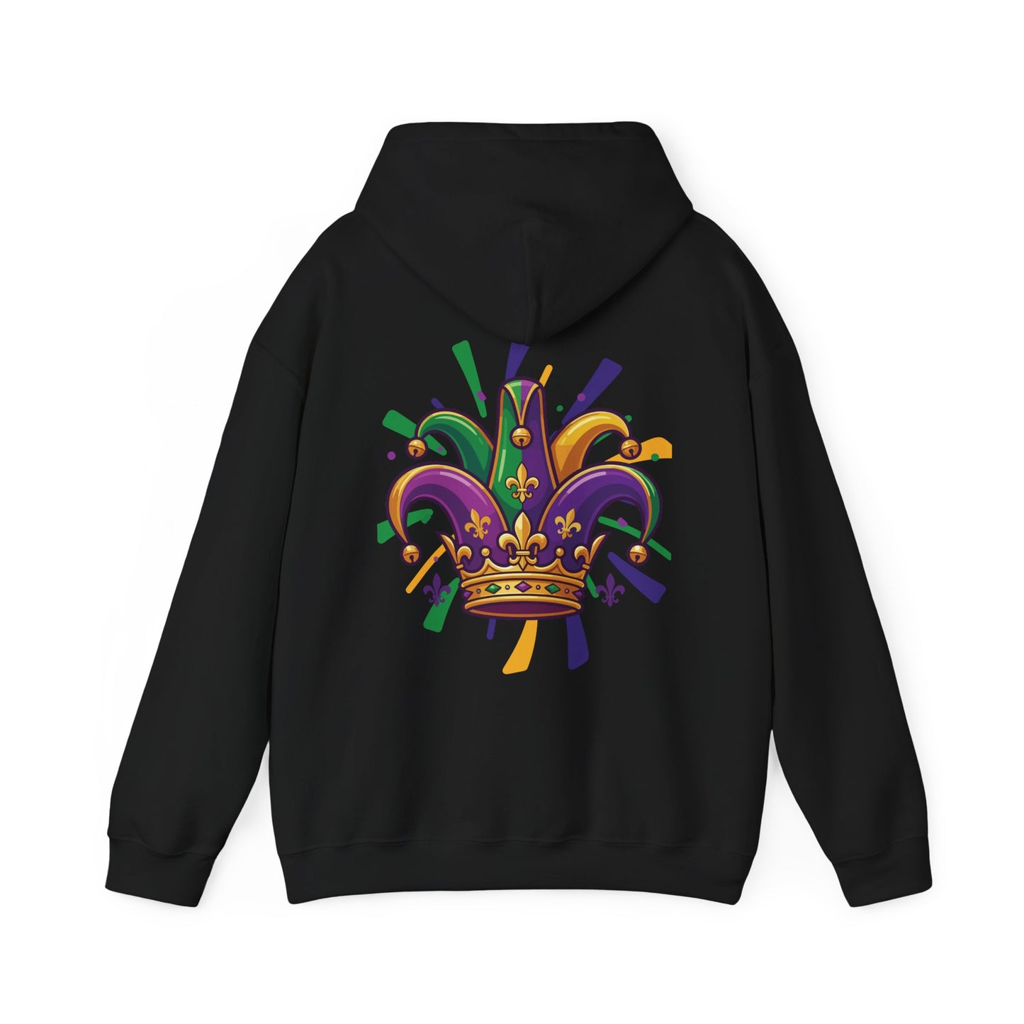 "Mardi Gras Jester Crown" Unisex Pullover Hoodie.  Festive Colorful Front Chest & Bold Back Designs Make This THE Hoodie Of Carnival Season!