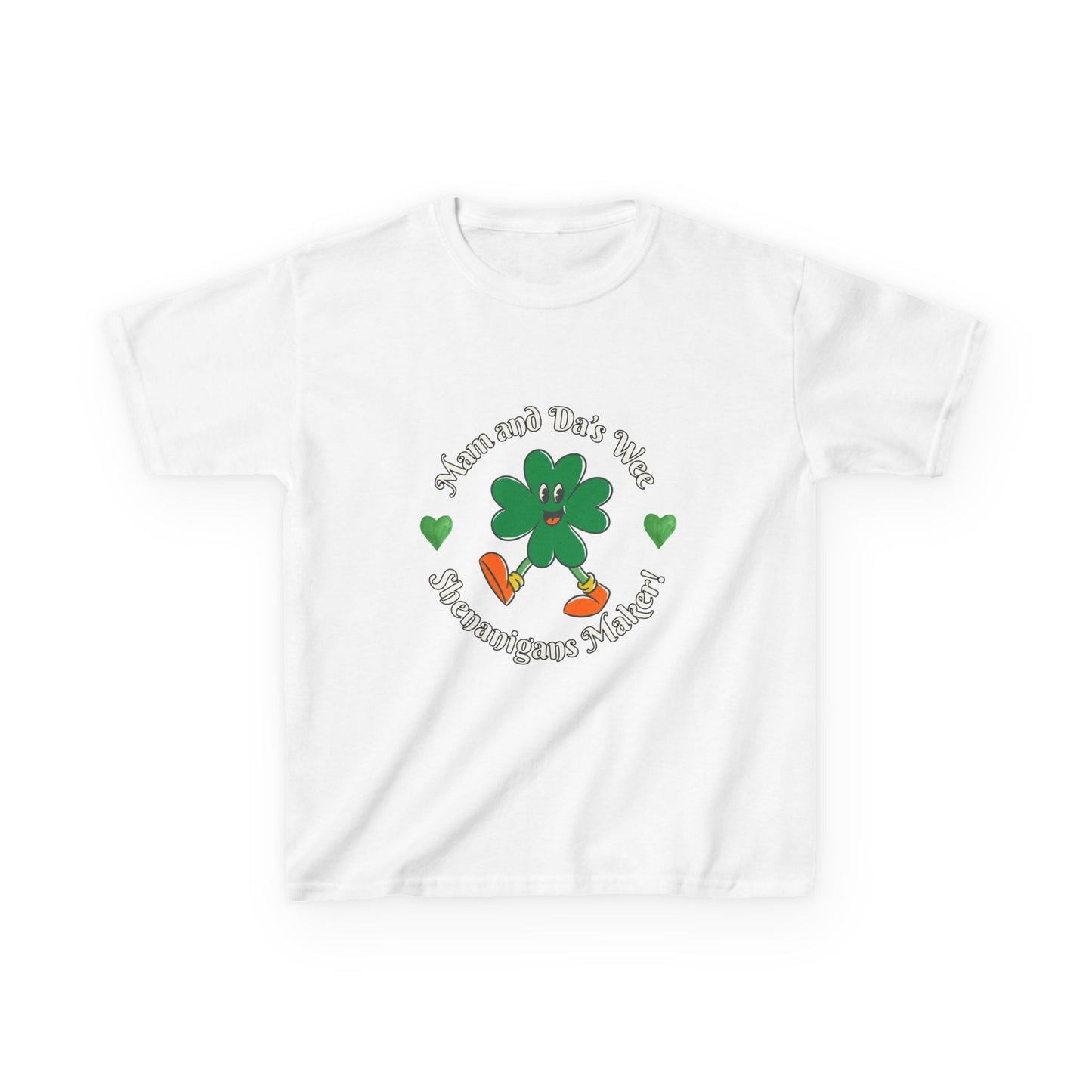 Kids Tee — “Mam and Da’s Wee Shenanigans Maker” Happy Walking Shamrock