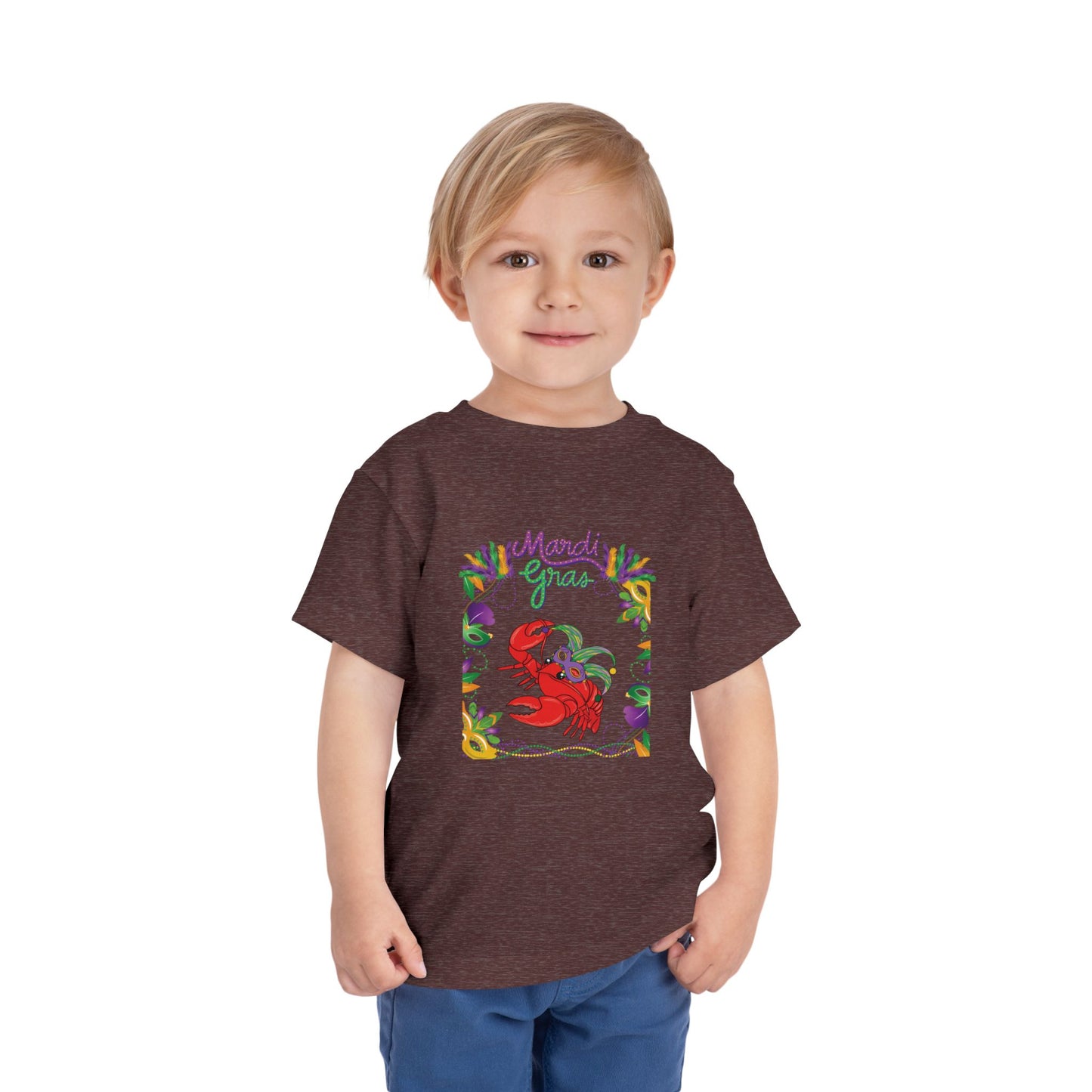 "Mardi Gras Crawfish" Toddler Short Sleeve Tee — Festive Masked Crawfish in Purple, Green & Gold!