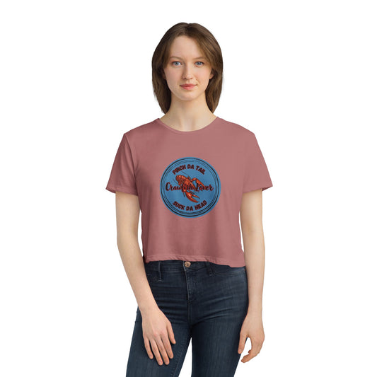 "Crawfish Lover"  Womens' Flowy Cropped Tee — "Pinch Da Tail, Suck Da Head" Seafood Festival Shirt