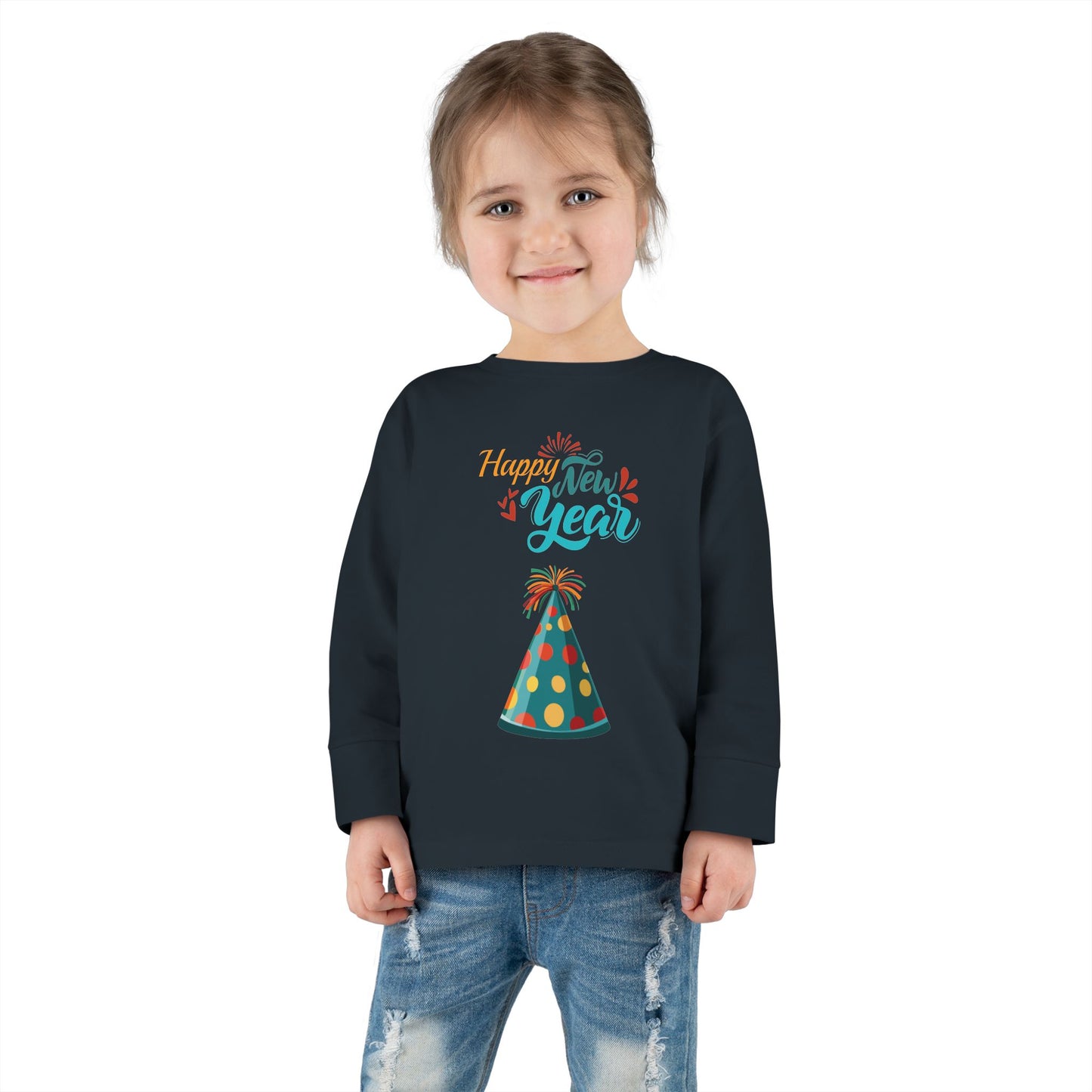 "Happy New Year- Party Hat", Toddler Long Sleeve Tee Shirt.  They Will Not Want To Take This Shirt Off!