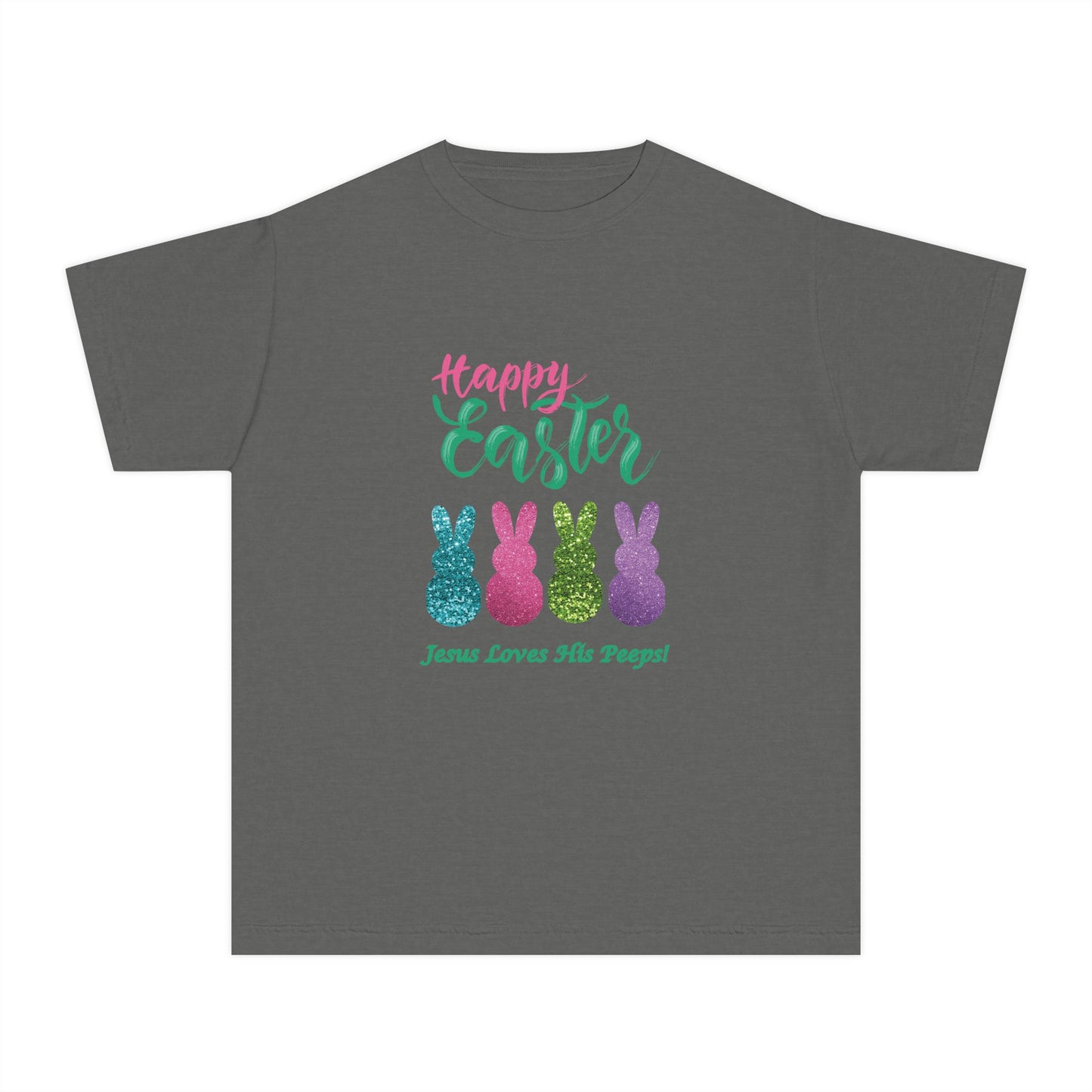 Easter Bunny Youth Tee — "Happy Easter" Christian Kids/Youth Shirt (Jesus Loves His Peeps)