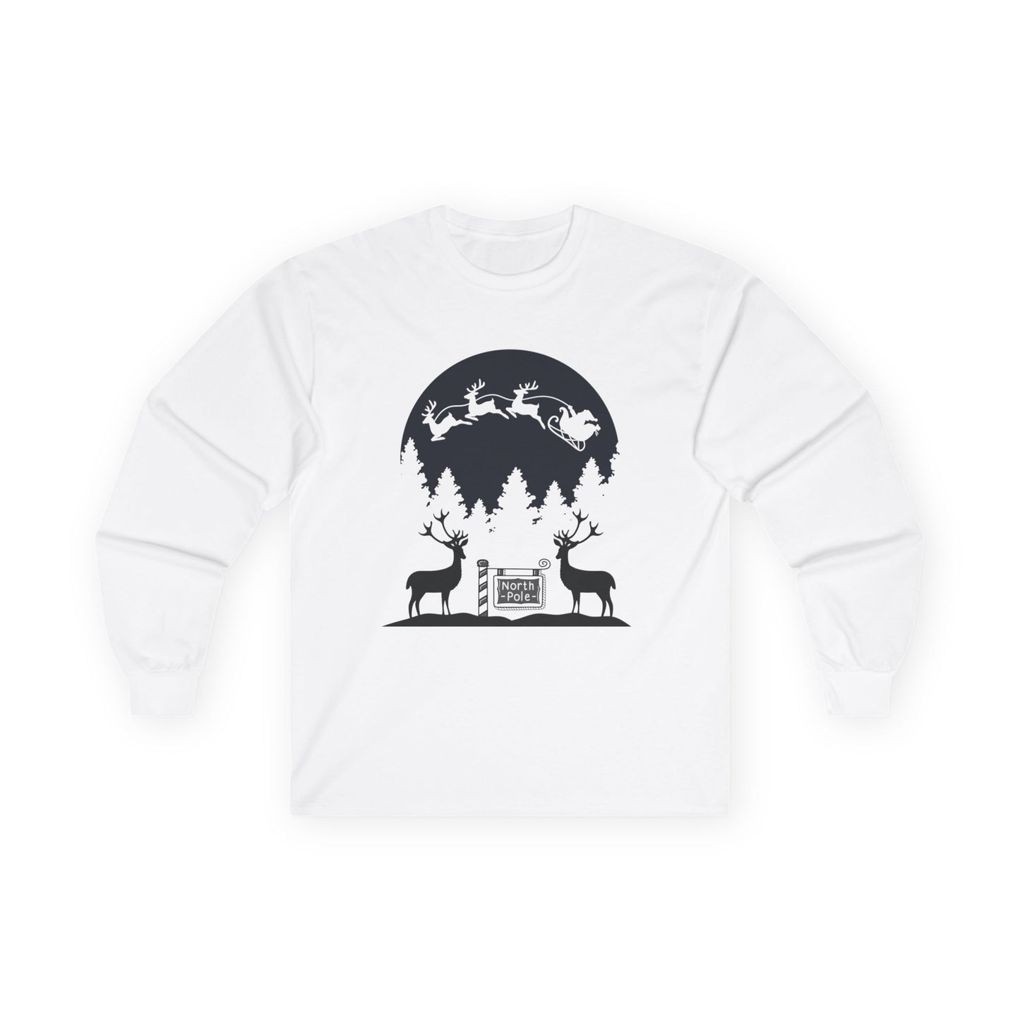 "Santa And His Reindeer" Unisex Long Sleeve Tee —A Charming, Rustic Christmas Scene with Santa, Reindeer & Forest Silhouette