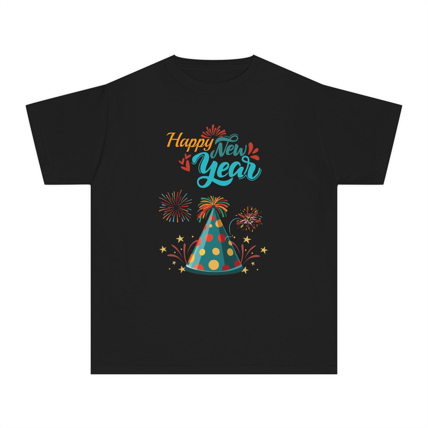 "Happy New Year -Party Hat and Fireworks" Kids/Youth T-Shirt .  A Fun, Colorful Tee For The Kids To Wear When Celebrating The New Year!