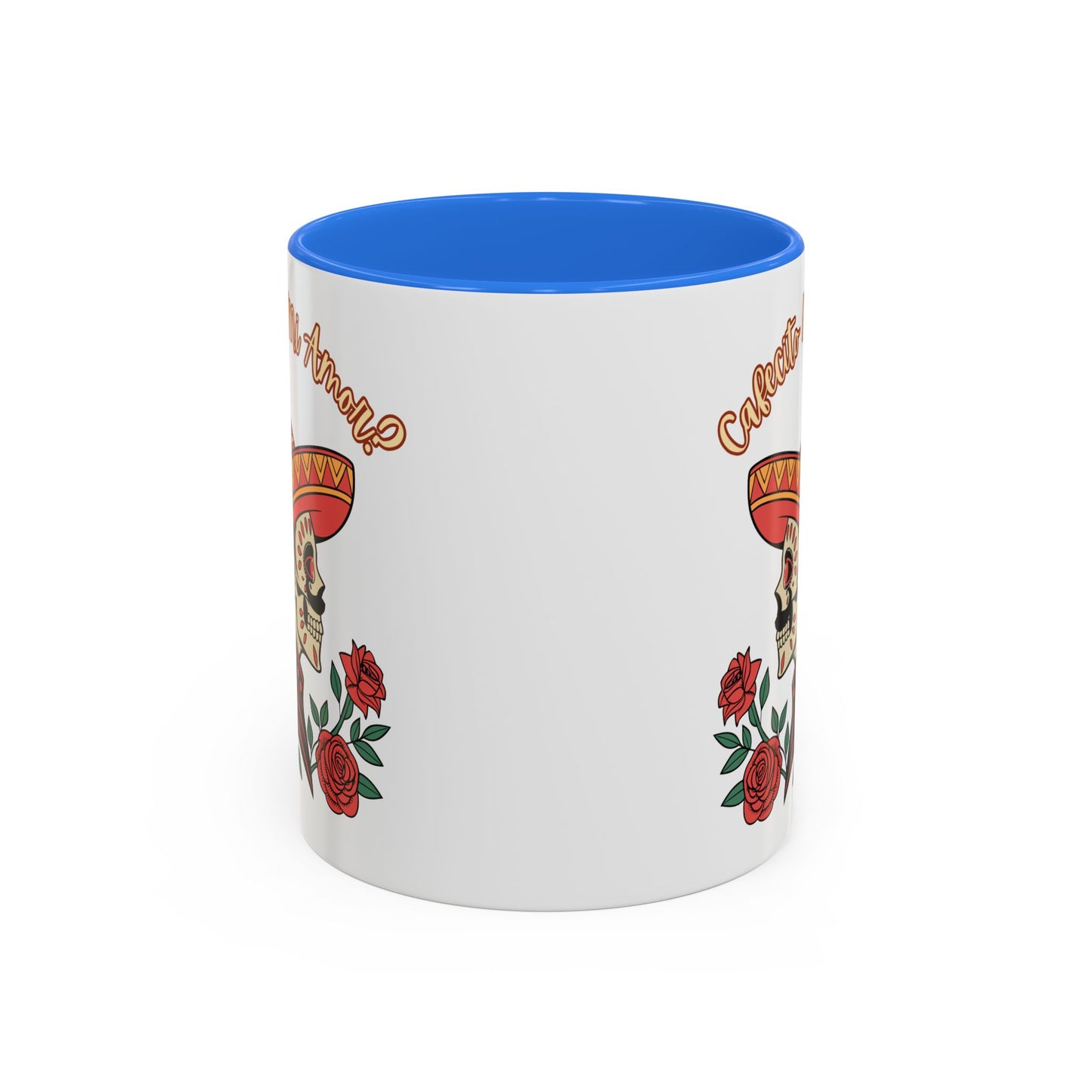 "Cafecito Mi Amor?" -El Hombre, Sugar Skull Style, White Ceramic Mugs with Colorful Accents (11oz/15oz)