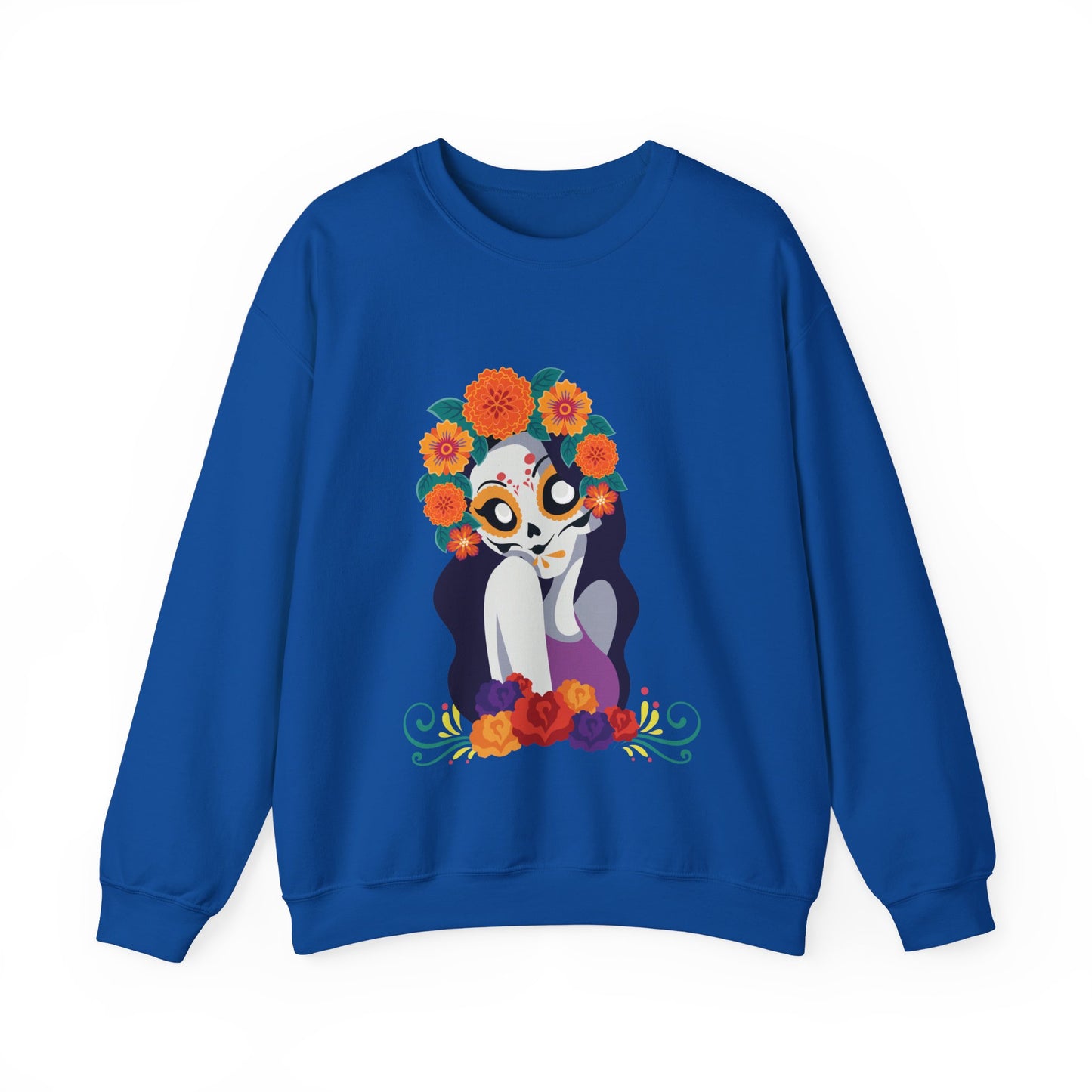 " Katrina Floral Skull"  Unique Crewneck Unisex Sweatshirt. Great for Celebrations like Dia De Los Muertos, Halloween or Any day!