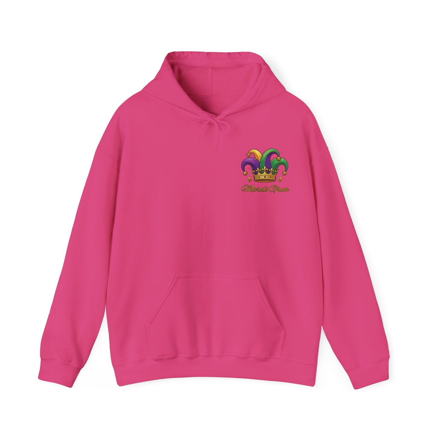"Mardi Gras Jester Crown" Unisex Pullover Hoodie.  Festive Colorful Front Chest & Bold Back Designs Make This THE Hoodie Of Carnival Season!