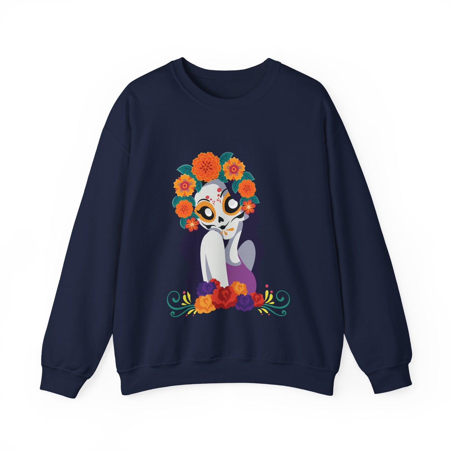" Katrina Floral Skull"  Unique Crewneck Unisex Sweatshirt. Great for Celebrations like Dia De Los Muertos, Halloween or Any day!