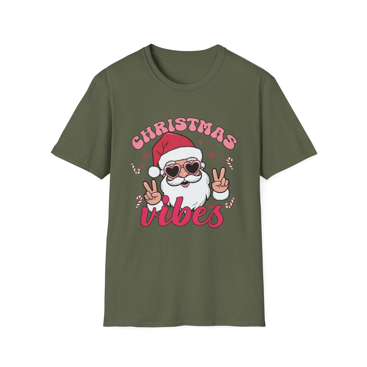 "Christmas Vibes"  Smiling Santa Holiday Unisex T-Shirt.  Cool(Tan)Santa Wearing His Shades And Sharing A "Peace Sign".