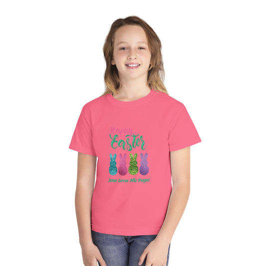 Easter Bunny Youth Tee — "Happy Easter" Christian Kids/Youth Shirt (Jesus Loves His Peeps)