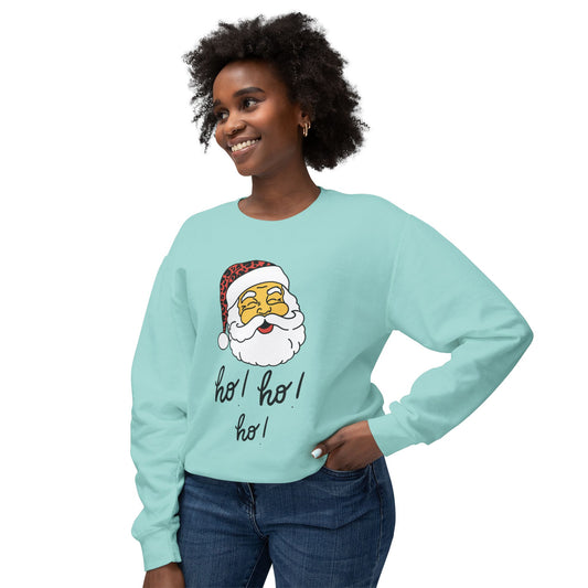 "Smiling(Tan)Santa-Ho, Ho, Ho," Unisex Lightweight Crewneck Sweatshirt, Black Text