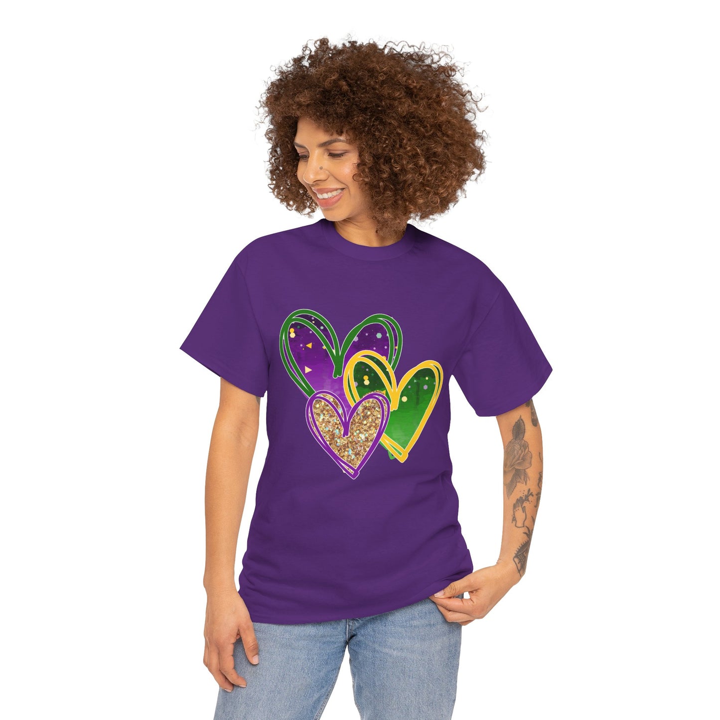 "Mardi Gras Hearts"  Unisex Adult Cotton Tee — Purple, Gold & Green Carnival Shirt.  It's Time To Party!