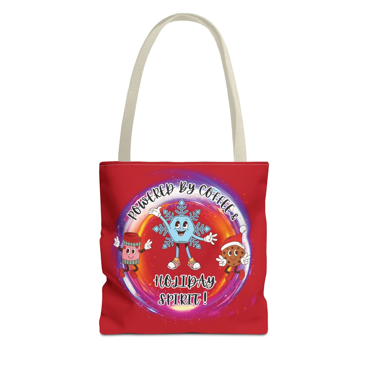"Powered By Coffee And Holiday Spirit "  Red Tote Bag  with Colored Straps