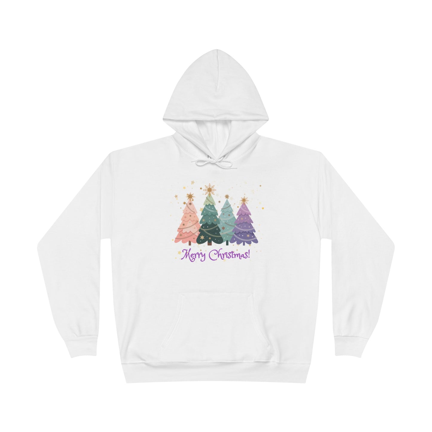 "Merry Xmas" Pastel Christmas Tree Unisex Adult  Hoodie. A Quaint, Yet Fashionable "Cut-Out Style" Xmas Tree Holiday Pullover