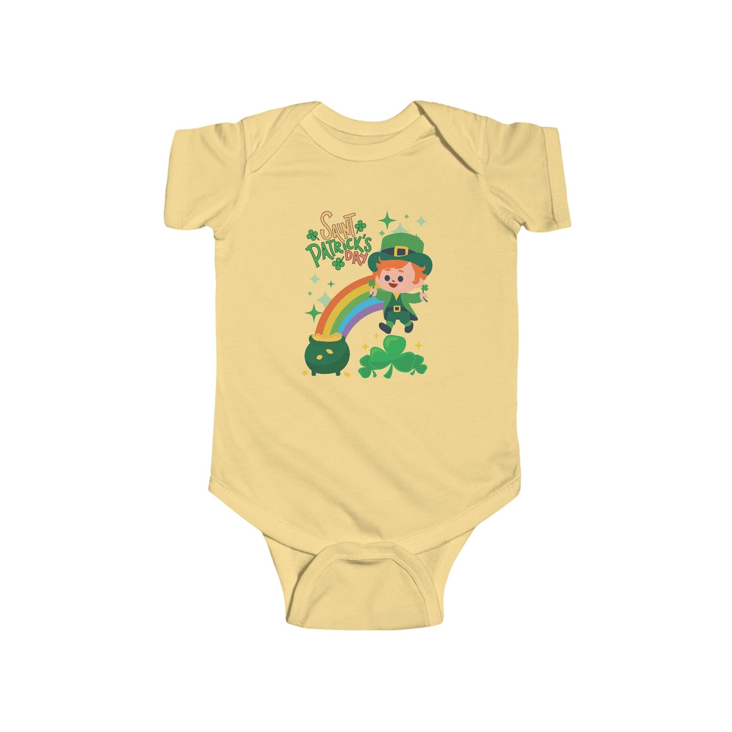 " St. Patrick's Day-Lucky Rainbow" Baby Bodysuit/Short Sleeved Onsie.  A Cute Lucky Leprechaun Finds A Pot Of Gold At The End Of The Rainbow!
