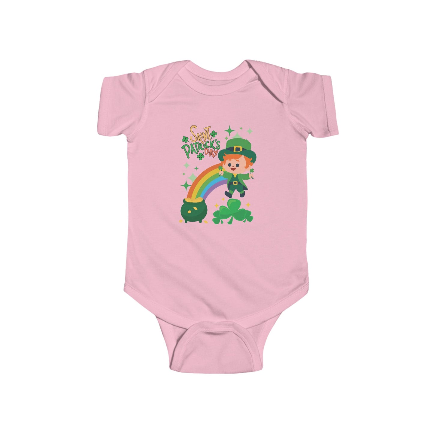 " St. Patrick's Day-Lucky Rainbow" Baby Bodysuit/Short Sleeved Onsie.  A Cute Lucky Leprechaun Finds A Pot Of Gold At The End Of The Rainbow!