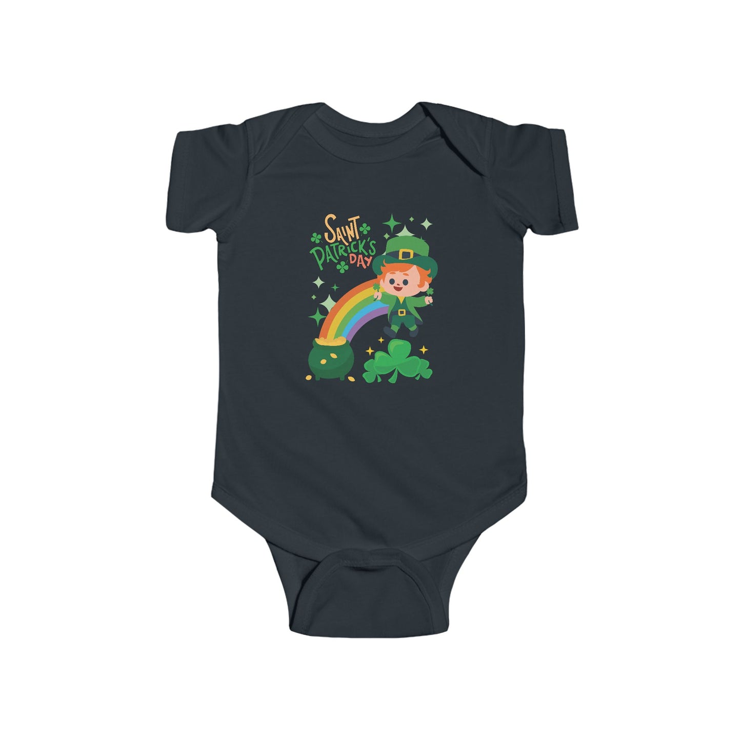 " St. Patrick's Day-Lucky Rainbow" Baby Bodysuit/Short Sleeved Onsie.  A Cute Lucky Leprechaun Finds A Pot Of Gold At The End Of The Rainbow!